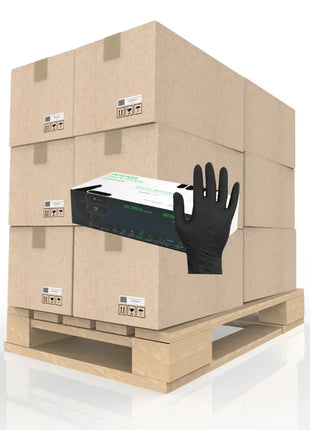 Paletteneinheit schwarze Nitrilhandschuhe Einweg, Kartons auf Holzpalette, Box mit Handschuh sichtbar