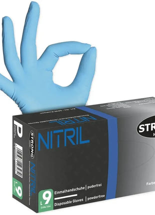 Blaue Nitril Einweghandschuhe, puderfrei, Box mit Handschuh in OK-Geste, Größe L
