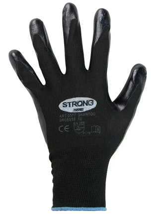 Schwarzer Arbeitshandschuh aus Polyester mit beschichteter Handfläche für Schutz und Hygiene