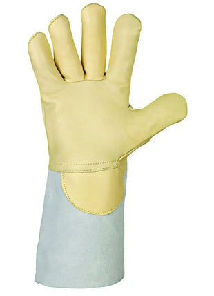 Schweißerhandschuh aus Leder mit langem Stulpen, Arbeitsschutz, gelb-grau, isolierend
