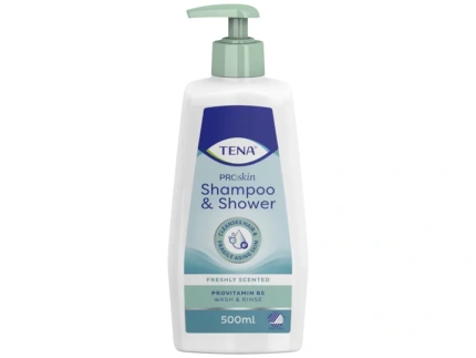 TENA ProSkin Shampoo & Shower in 500 ml Flasche – Pflegendes Shampoo und Duschgel für die schonende Reinigung und Hautpflege