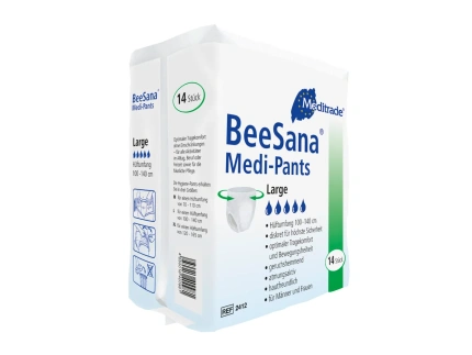 Ein Medizinprodukt für Inkontinenz mit dem Markennamen Beesana Medipants. Der Inkontinenzslip von Meditrade Senipax bietet diskreten Schutz und Komfort