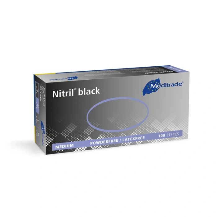 Schwarze Nitrilhandschuhe von Senipax, bekannt als Meditrade Nitril Black - Hochwertige Einweghandschuhe für verschiedene Anwendungen. Box mit 100 Handschuhen