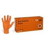 Produktbild von orange Nitrilhandschuhen mit Diamanttextur - Meditrade Stellargrip von Senipax. Diese Einweghandschuhe bieten herausragenden Grip. Produkt und Box