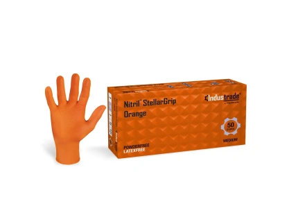 Produktbild von orange Nitrilhandschuhen mit Diamanttextur - Meditrade Stellargrip von Senipax. Diese Einweghandschuhe bieten herausragenden Grip. Produkt und Box