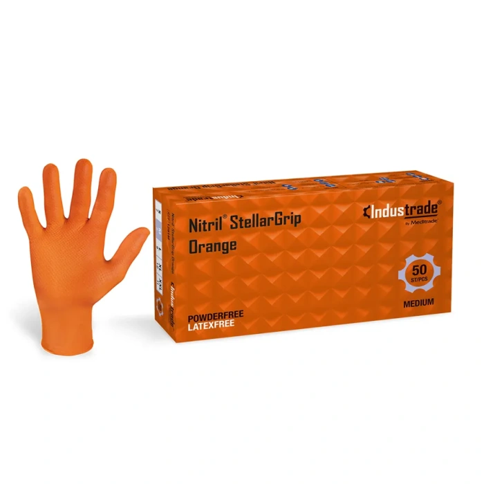 Produktbild von orange Nitrilhandschuhen mit Diamanttextur - Meditrade Stellargrip von Senipax. Diese Einweghandschuhe bieten herausragenden Grip. Produkt und Box