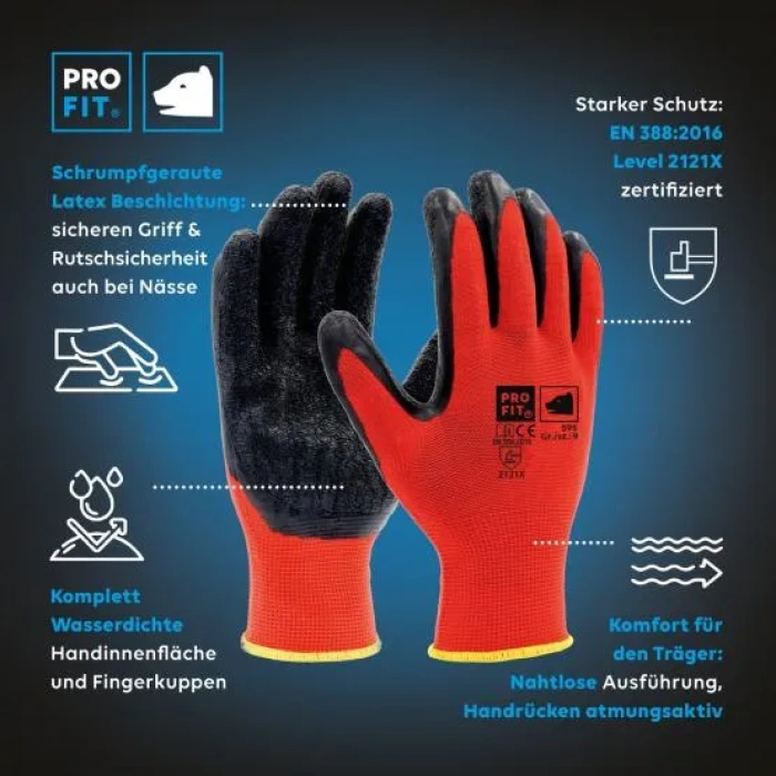 PRO FIT by Fitzner Mechaniker-Handschuhe Latex-Feinstrickhandschuh, Wasserdichte Handinnenfläche