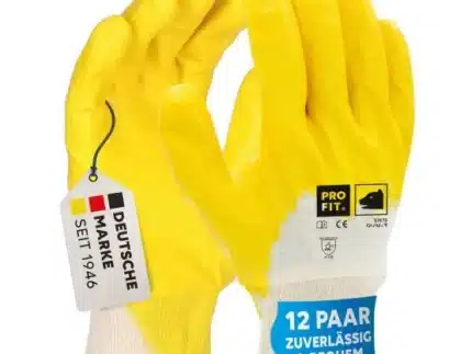 PRO FIT | Nitril Handschuhe, Mega lite, | gelb, 3/4 getaucht, Strickbund | Baumwoll-Trikothandschuh | 12 Paar