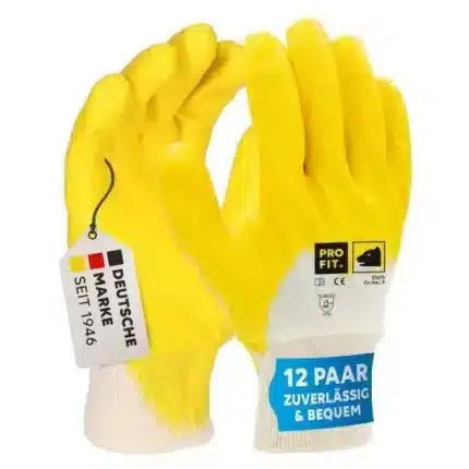 PRO FIT | Nitril Handschuhe, Mega lite, | gelb, 3/4 getaucht, Strickbund | Baumwoll-Trikothandschuh | 12 Paar