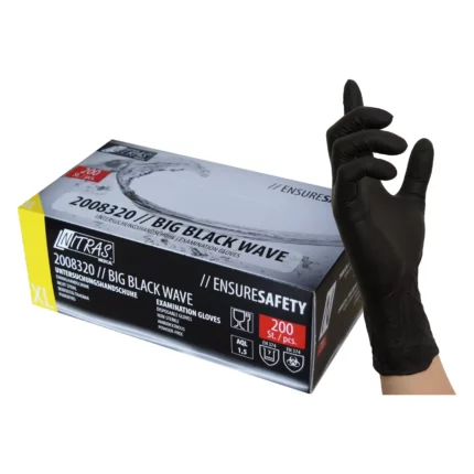 NITRAS BIG BLACK WAVE, Nitril-Einmalhandschuhe, schwarz (Farbcode: 1000), unsteril, Rollrand, puderfrei, hergestellt nach EN 455, für Lebensmittelkontakt, beidseitig tragbar (linke und rechte Hand), medizinische Handschuhe, mikrogeraute Fingerspitzen, Farbleitsystem für Größen, AQL 1,5, Schutz gegen Mikroorganismen, Bakterien und Viren, Box à 200 Stück