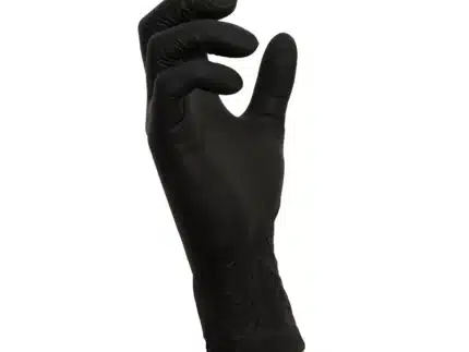 NITRAS BIG BLACK WAVE, Nitril-Einmalhandschuhe, schwarz (Farbcode: 1000), unsteril, Rollrand, puderfrei, hergestellt nach EN 455, für Lebensmittelkontakt, beidseitig tragbar (linke und rechte Hand), medizinische Handschuhe, mikrogeraute Fingerspitzen, Farbleitsystem für Größen, AQL 1,5, Schutz gegen Mikroorganismen, Bakterien und Viren, Box à 200 Stück
