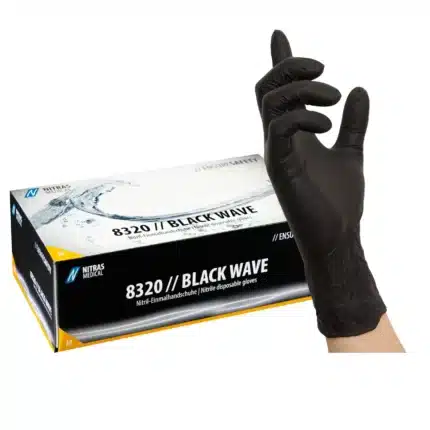 NITRAS BLACK WAVE, Nitril-Einmalhandschuhe, schwarz (Farbcode: 1000), unsteril, Rollrand, puderfrei, hergestellt nach EN 455, für Lebensmittelkontakt, beidseitig tragbar (linke und rechte Hand), medizinische Handschuhe, mikrogeraute Fingerspitzen, Farbleitsystem für Größen, AQL 1,5, Schutz gegen Mikroorganismen, Bakterien und Viren, Box à 100 Stück