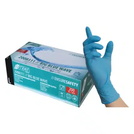 NITRAS BIG BLUE WAVE, Nitril-Einmalhandschuhe, blau (Farbcode: 2200), unsteril, Rollrand, puderfrei, hergestellt nach EN 455, für Lebensmittelkontakt, beidseitig tragbar (linke und rechte Hand), medizinische Handschuhe, mikrogeraute Fingerspitzen, Farbleitsystem für Größen, AQL 1,5, Schutz gegen Mikroorganismen, Bakterien und Viren, Box à 200 Stück