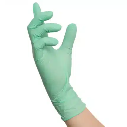 NITRAS MINT WAVE, Nitril-Einmalhandschuhe, grün (Farbcode: 3000), unsteril, Rollrand, puderfrei, hergestellt nach EN 455, für Lebensmittelkontakt, beidseitig tragbar (linke und rechte Hand), medizinische Handschuhe, mikrogeraute Fingerspitzen, Farbleitsystem für Größen, AQL 1,5, Schutz gegen Mikroorganismen, Bakterien und Viren, Box à 100 Stück