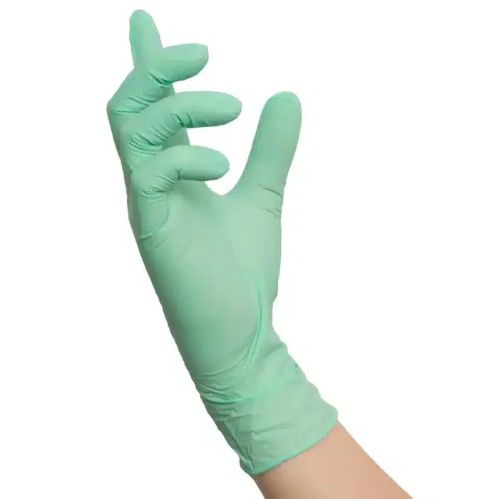 NITRAS MINT WAVE, Nitril-Einmalhandschuhe, grün (Farbcode: 3000), unsteril, Rollrand, puderfrei, hergestellt nach EN 455, für Lebensmittelkontakt, beidseitig tragbar (linke und rechte Hand), medizinische Handschuhe, mikrogeraute Fingerspitzen, Farbleitsystem für Größen, AQL 1,5, Schutz gegen Mikroorganismen, Bakterien und Viren, Box à 100 Stück