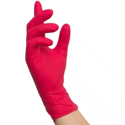 NITRAS RED WAVE, Nitril-Einmalhandschuhe, rot (Farbcode: 6000), unsteril, Rollrand, puderfrei, hergestellt nach EN 455, für Lebensmittelkontakt, beidseitig tragbar (linke und rechte Hand), medizinische Handschuhe, mikrogeraute Fingerspitzen, Farbleitsystem für Größen, AQL 1,5, Schutz gegen Mikroorganismen, Bakterien und Viren, Box à 100 Stück