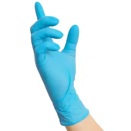 NITRAS BLUE WAVE, Nitril-Einmalhandschuhe, blau (Farbcode: 2200), unsteril, Rollrand, puderfrei, hergestellt nach EN 455, für Lebensmittelkontakt, beidseitig tragbar (linke und rechte Hand), medizinische Handschuhe, mikrogeraute Fingerspitzen, Farbleitsystem für Größen, AQL 1,5, Schutz gegen Mikroorganismen, Bakterien und Viren, Box à 100 Stück